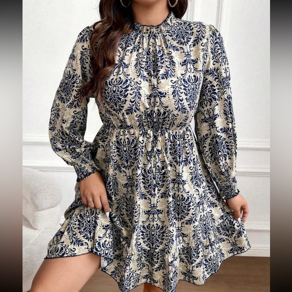 Boho Plus Size Damask Mock Neck Lantern Sleeve Ruffle Hem Dress